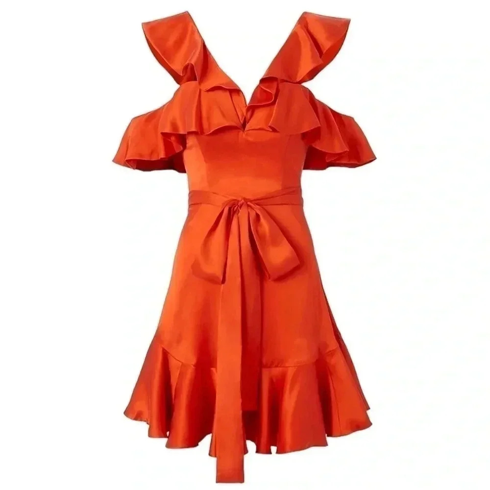 Zimmermann Jaffa Cold Shoulder Deep-V  Ruffled Dress Silk US Size 6 NWT